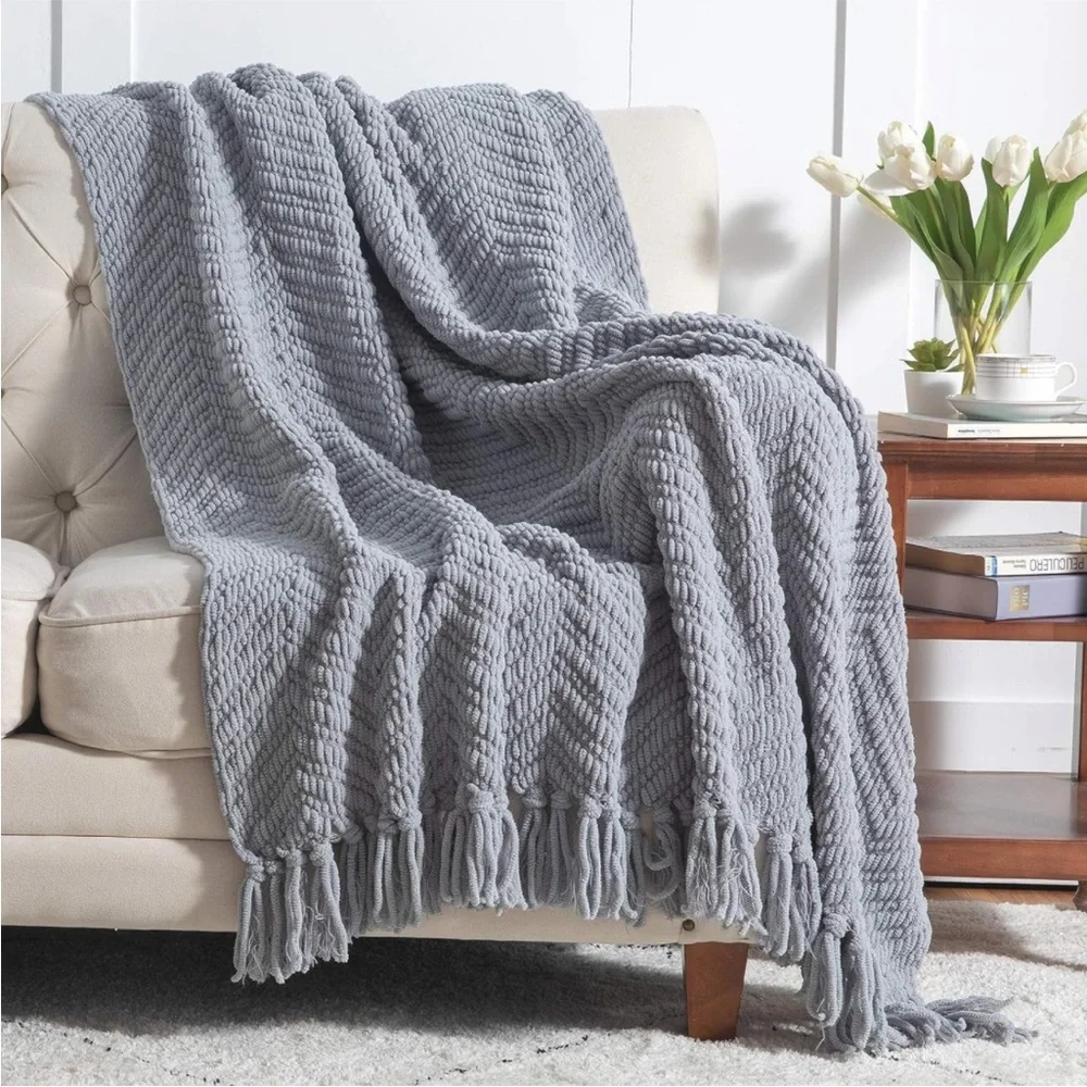West Elm Light Grey Tassel Chevron Luxury Soft Cozy Blanket for Bedroom/Dorm